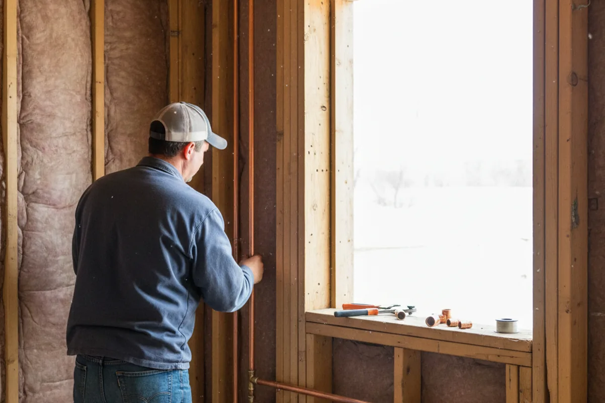 Licensed plumber running new copper supply lines in a Russia home
