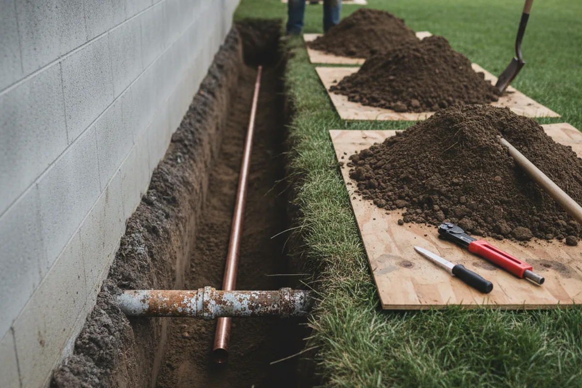 Excavated water line trench during Water Heater Repair in Russia